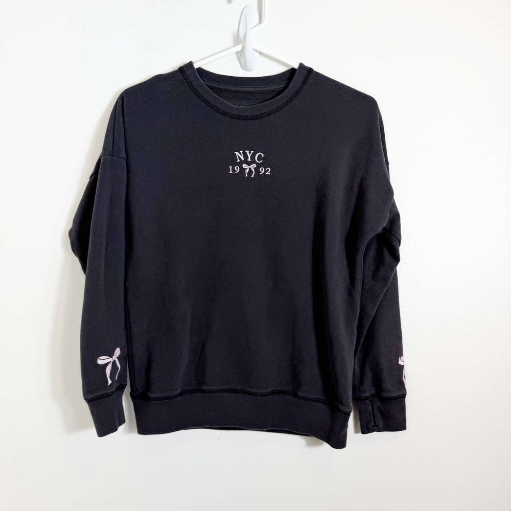 Abercrombie Kids Sweatshirt Girls 11/12 Black NYC 1992 Bow Graphic Fleece Crew